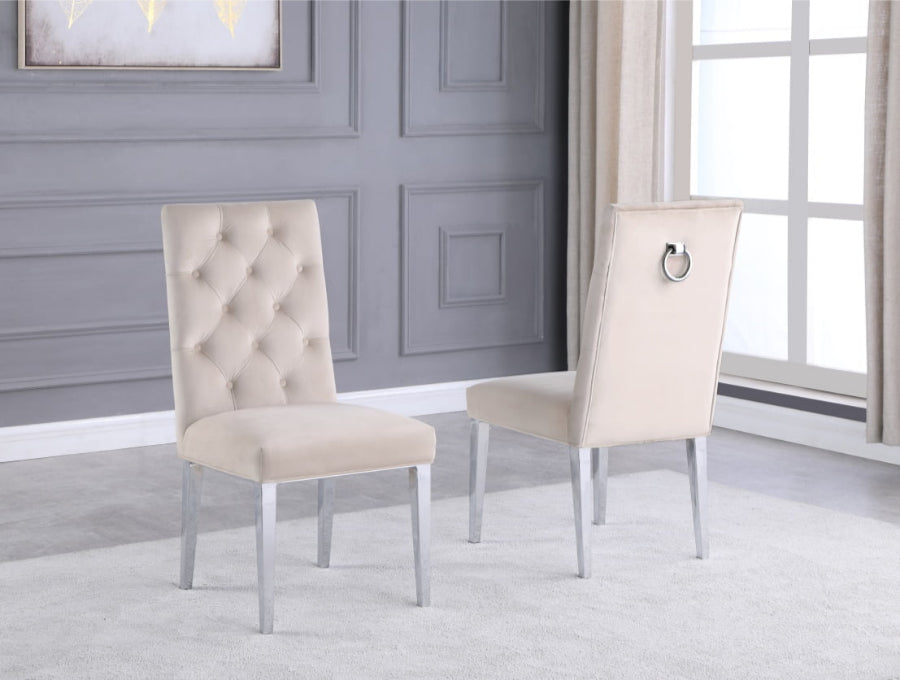 SC72 Set of 2 Roberta cream velvet tufted backs dining chairs chrome legs and trim accents