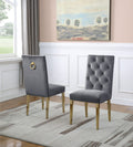 Best Quality Roberta Grey Velvet Tufted Back Dining Chairs Gold Legs and Trim Accents Set of 2 – SC74