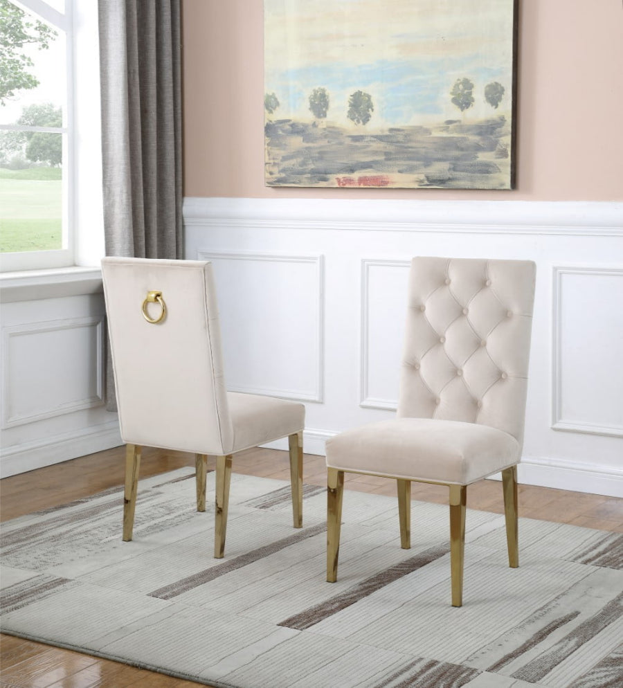SC76 Set of 2 Roberta cream velvet fabric tufted backs dining chairs gold legs and trim accents