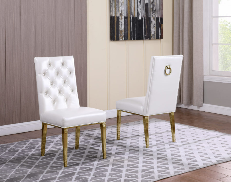 SC79 Set of 2 Roberta white faux leather tufted backs dining chairs gold legs and trim accents