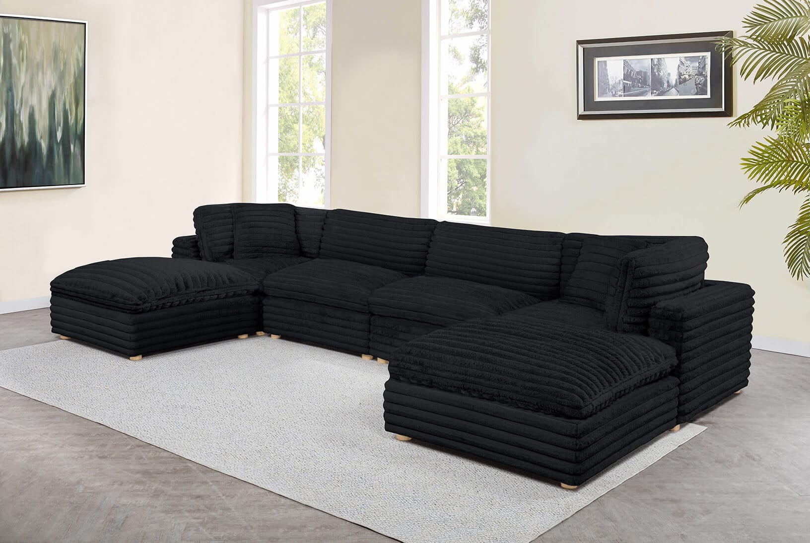 Best Quality SE09-2C2A2O 6 pc Maizee black furry wide corduroy fabric upholstered modular sectional sofa