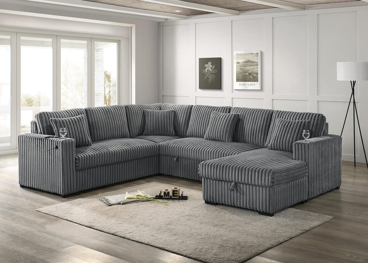 Best Quality SE140 3 pc Grande dark grey striped wide corduroy fabric 121" upholstered storage chaise sectional sofa pop up sleep area