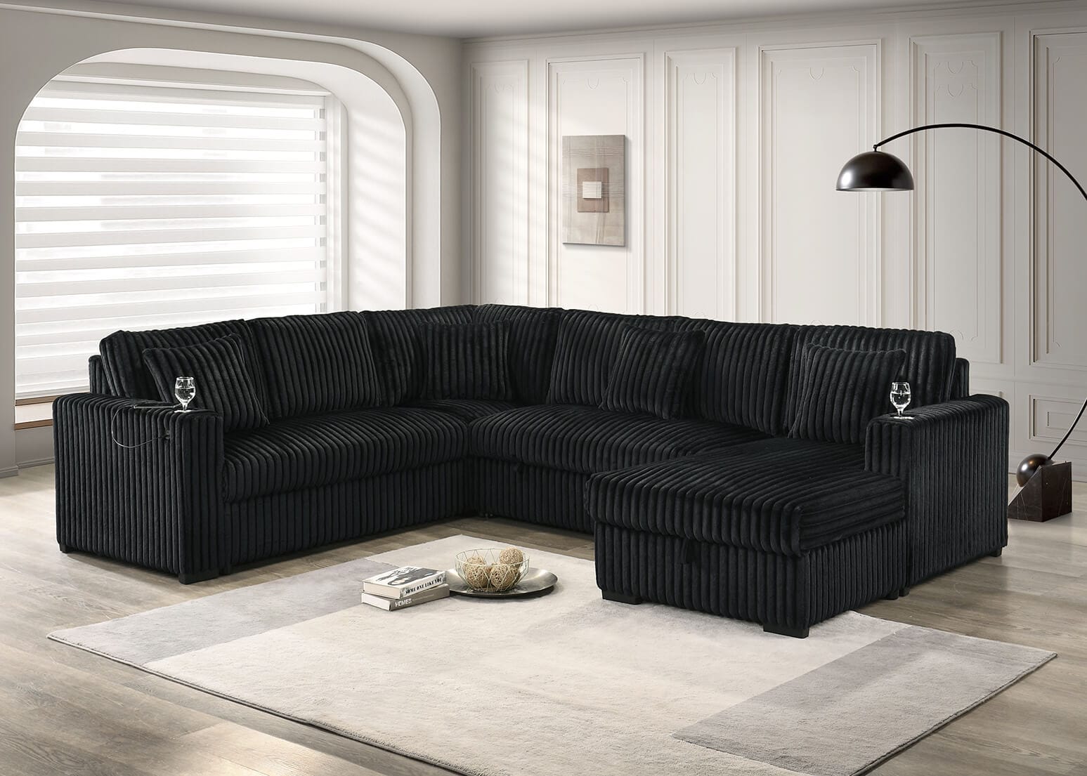 Grande-BLK 4 pc Grande black wide corduroy fabric sectional sofa with storage chaise with pop up sleep area in center USB plugs