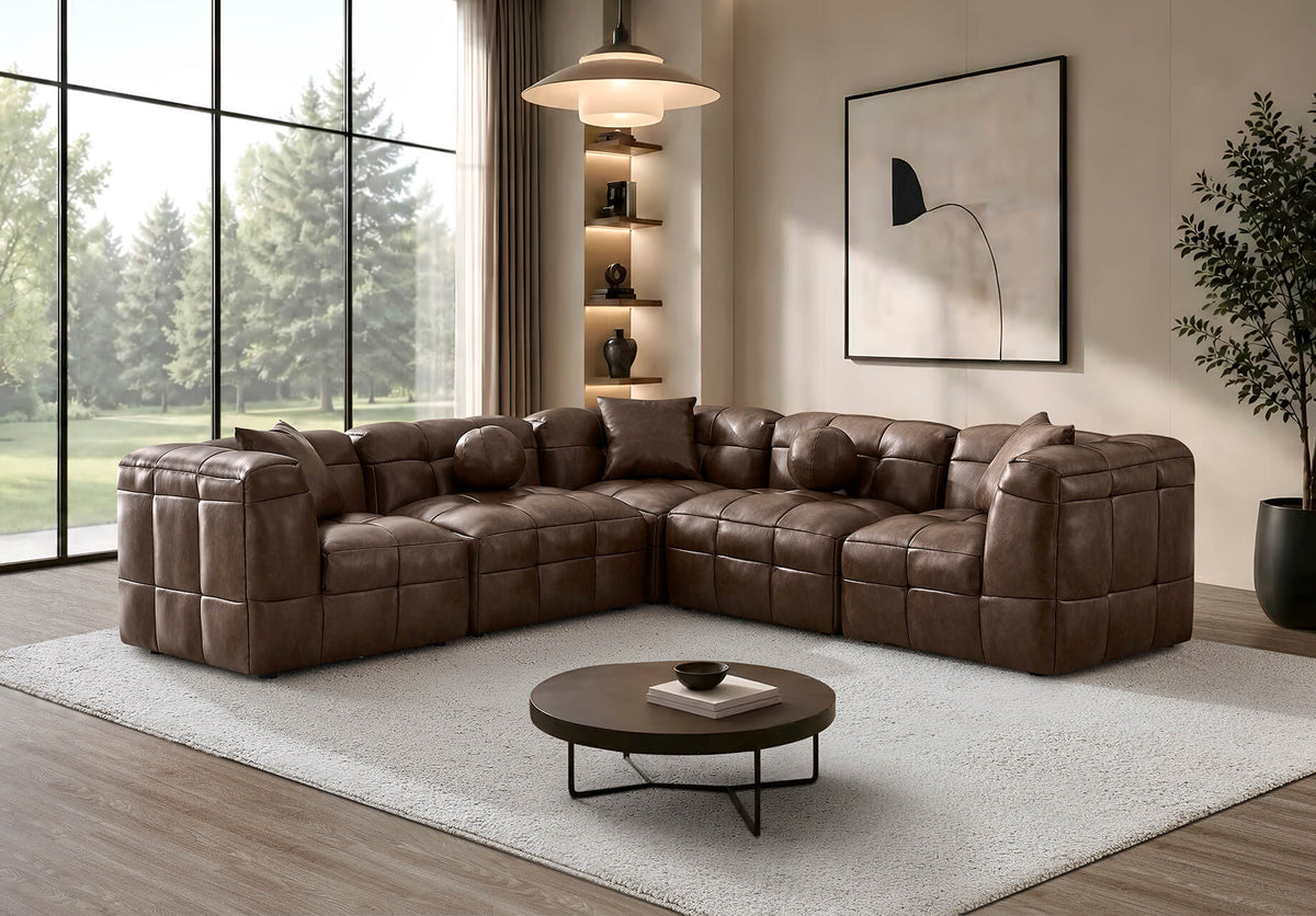 Best Quality Mocha Brown Faux Leather 5-Piece Modular Sectional Sofa Set – SE23-3C2A