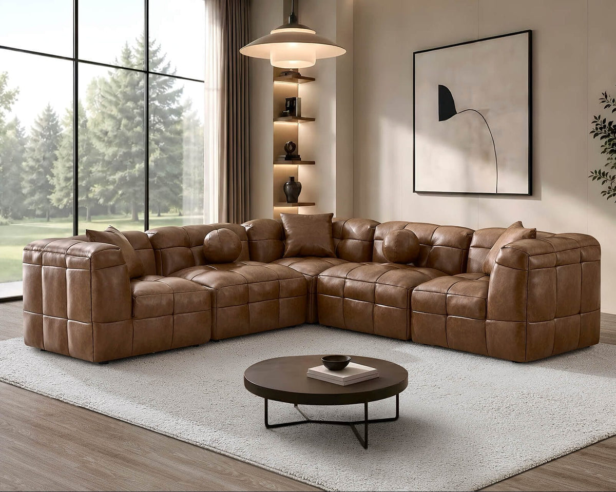 Best Quality Toffee Brown Faux Leather 5-Piece Modular Sectional Sofa Set – SE24-3C2A