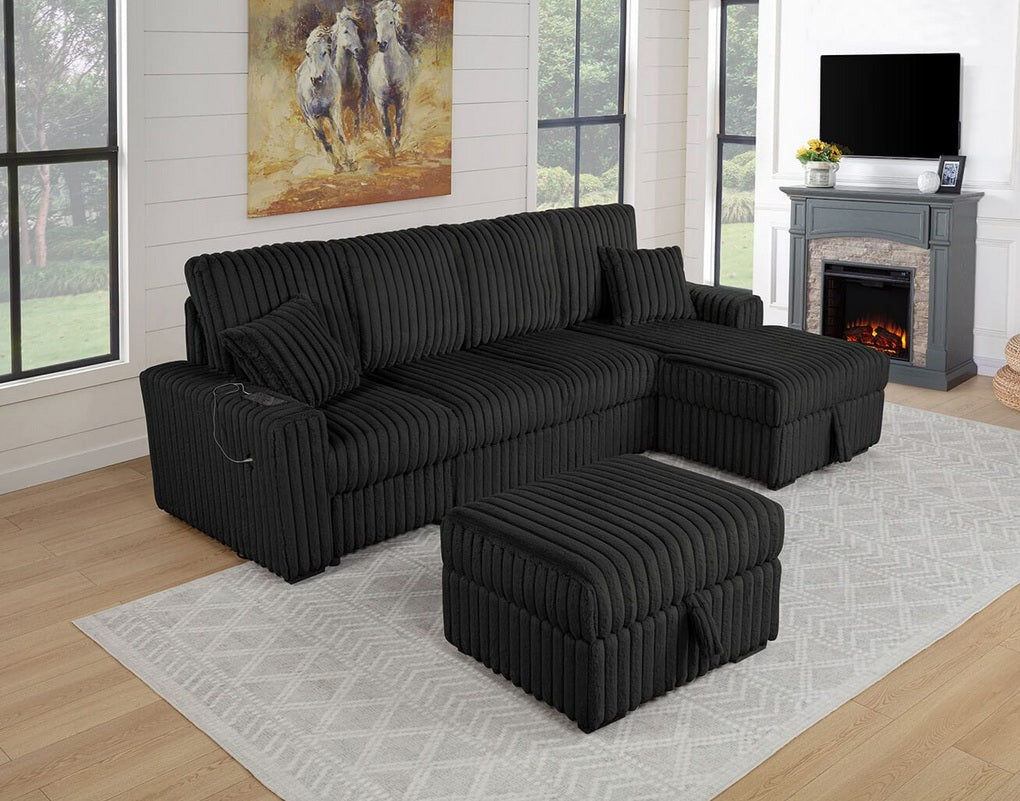Best Quality SE41-4PC 4 pc Black wide corduroy fur fabric sectional sofa with pop up sleep area and chaise with storage ottoman USB plugs
