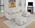 Best Quality SE42-4PC 4 pc Light grey wide corduroy fur fabric sectional sofa with pop up sleep area and chaise with storage ottoman USB plugs