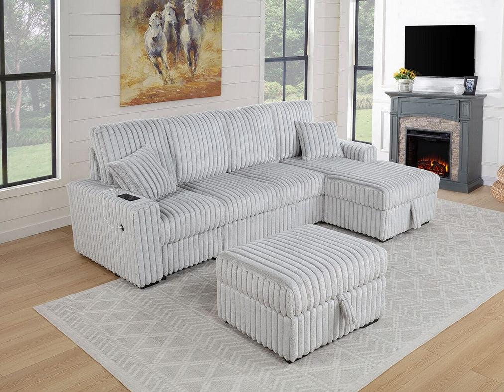 Best Quality SE42-4PC 4 pc Light grey wide corduroy fur fabric sectional sofa with pop up sleep area and chaise with storage ottoman USB plugs