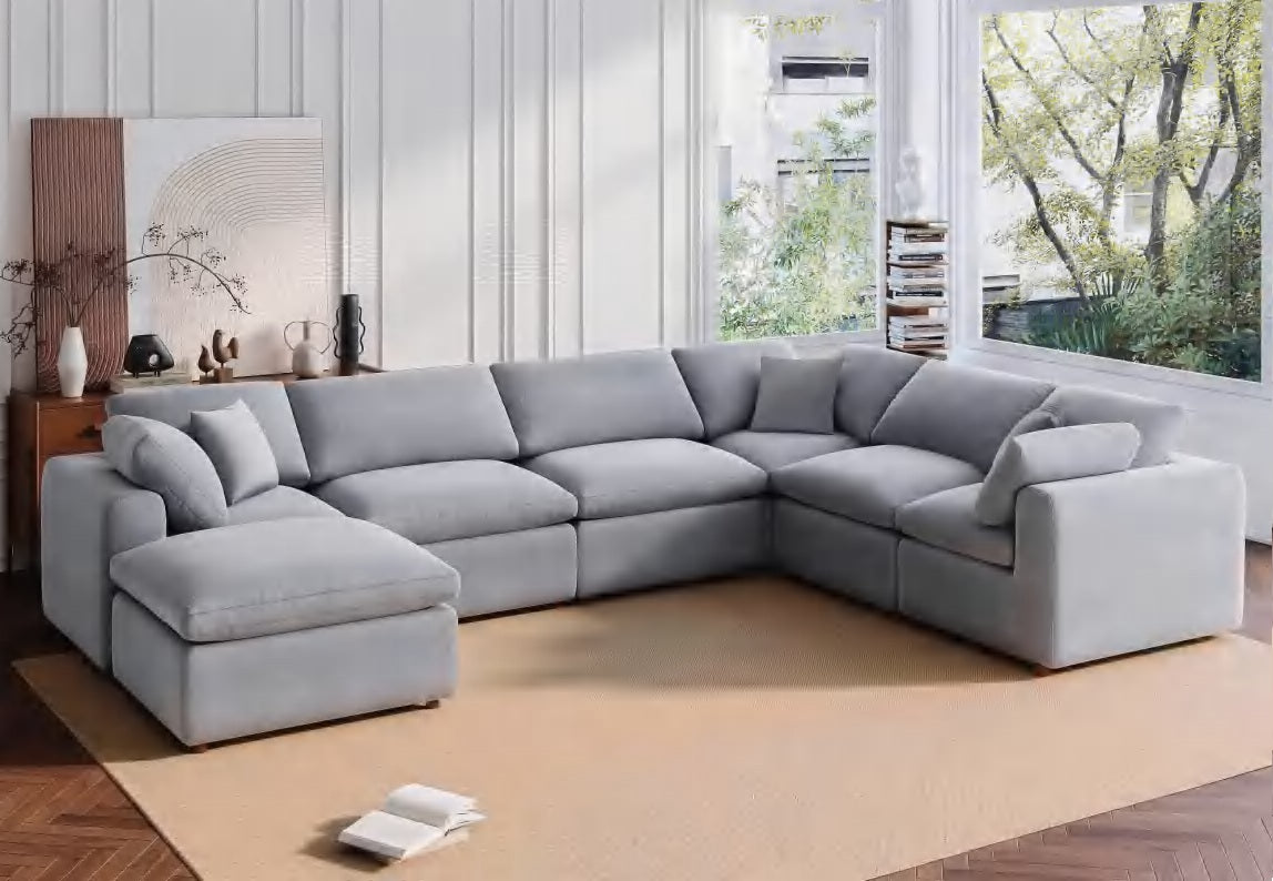 S8063GY-7PC 7 pc Hobson II grey linen like fabric feather blend filled modular sectional sofa