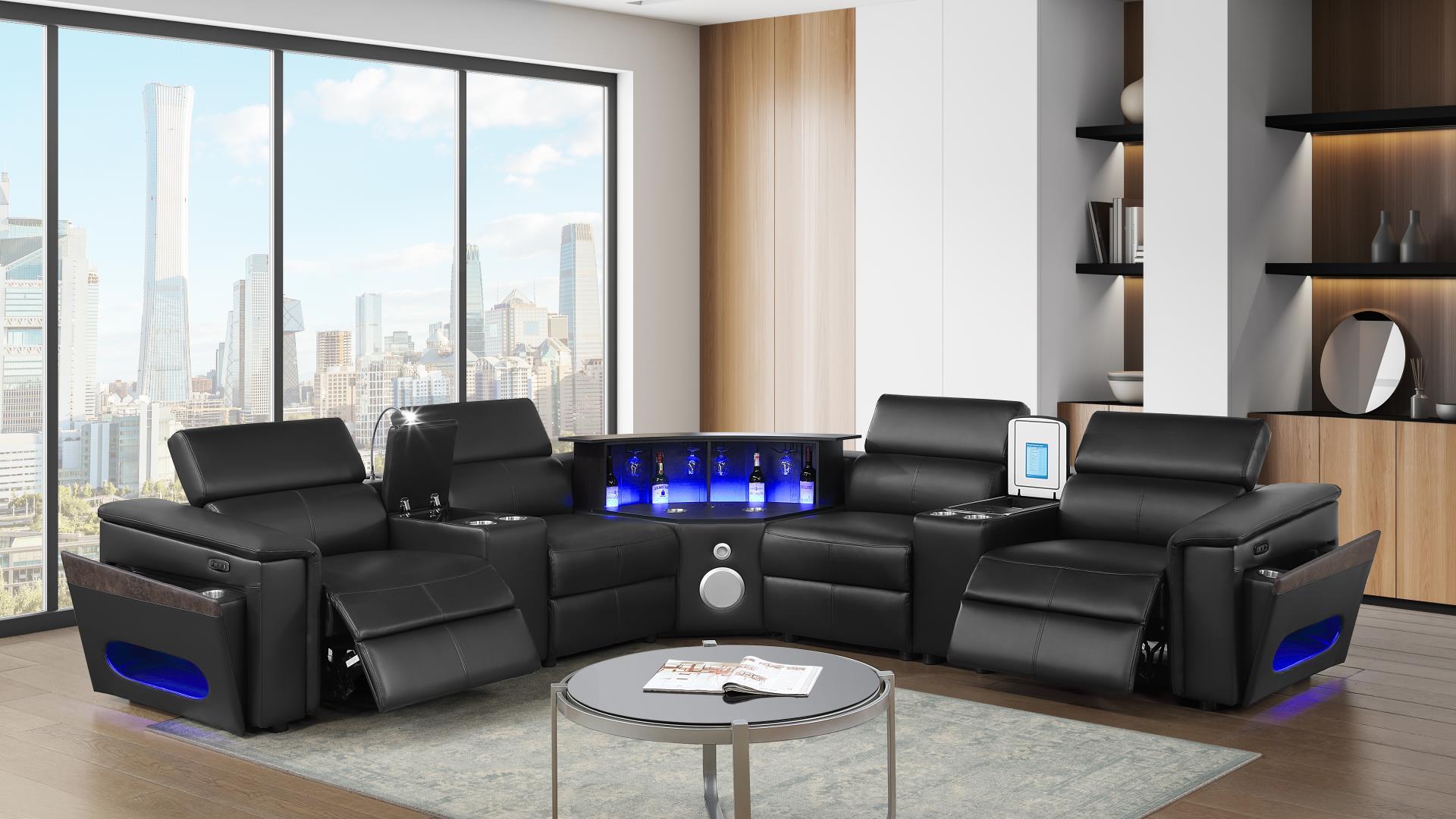 7 pc Nova black faux leather power motion sectional sofa with pop up bar refrigerator bluetooth and LED