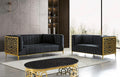 Mc-Ferran SF1018-2PC 2 pc black channel tufted fabric and gold accented metal design ends modern sofa and love seat set