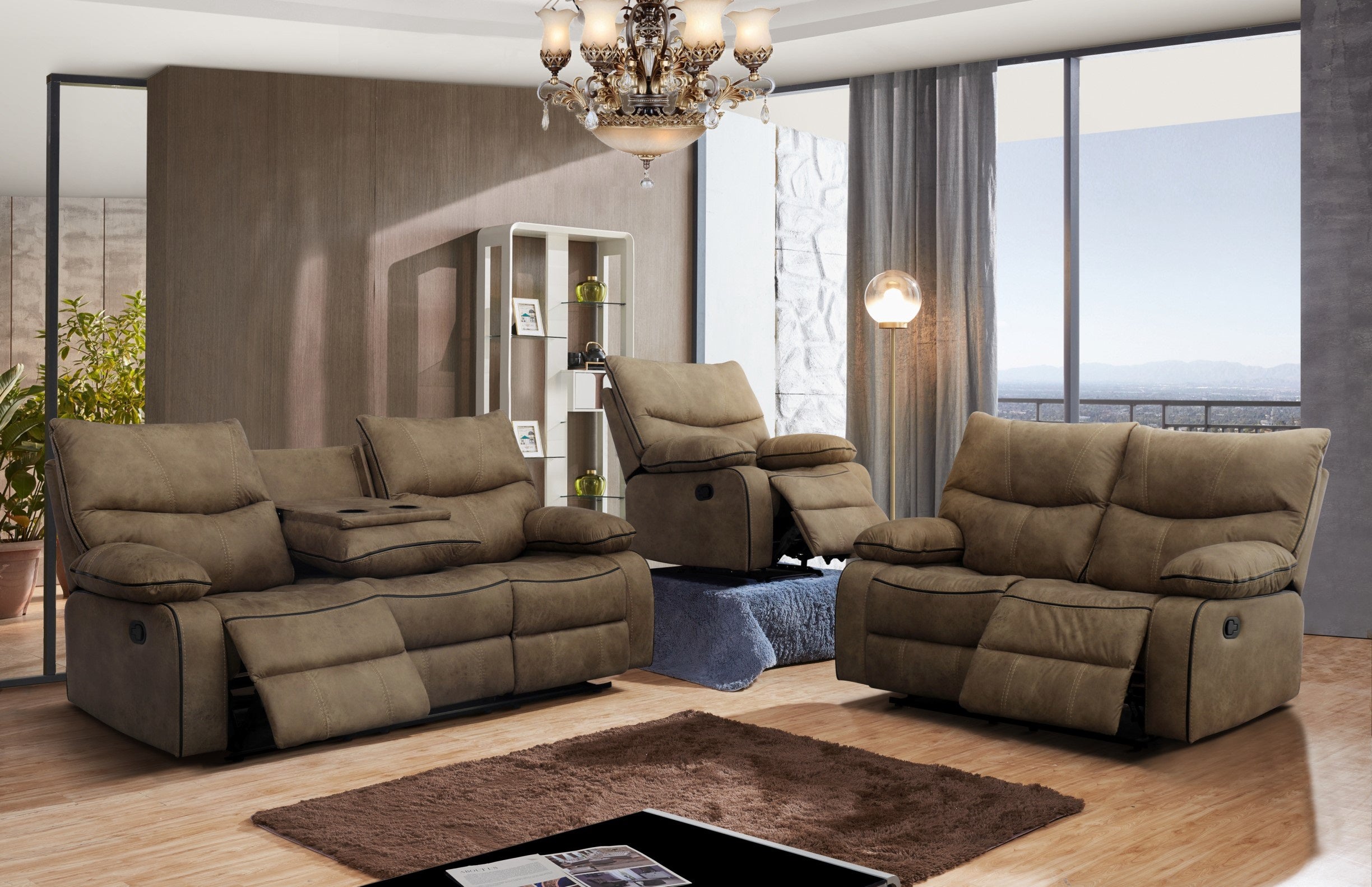 Mc-Ferran SF1008-2PC 2 pc townsend brown textured fabric with accented piping trim reclining sofa and love seat set drop down table back on sofa
