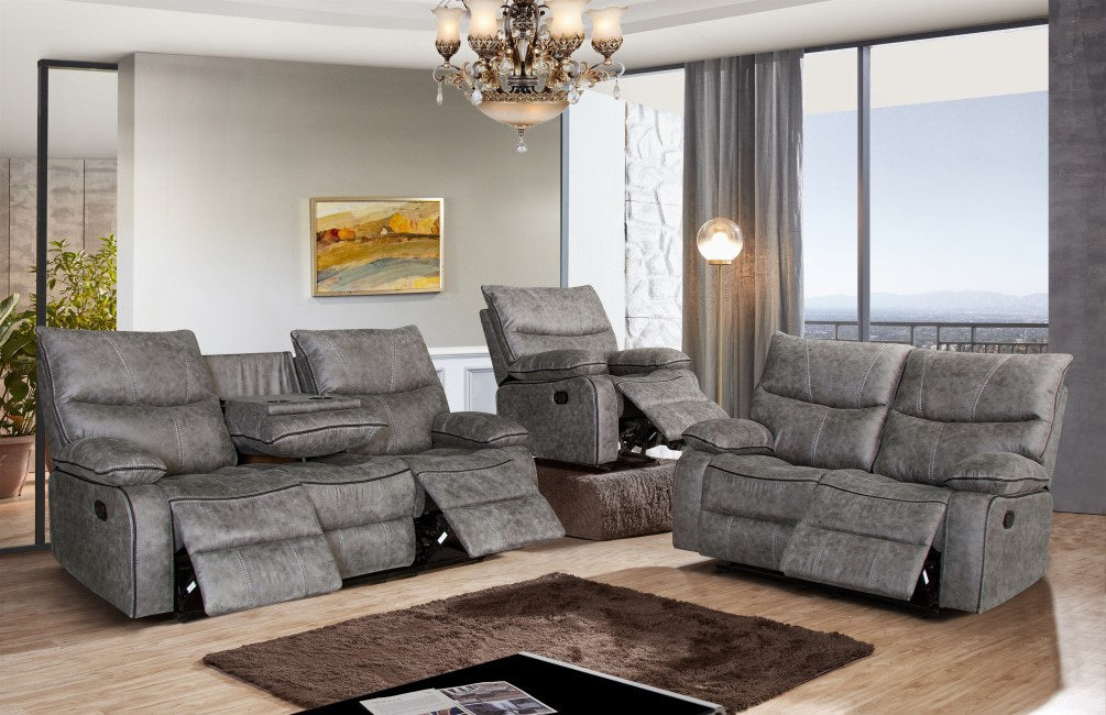 Mc-Ferran SF1009-2PC 2 pc townsend grey textured fabric with accented piping trim reclining sofa and love seat set drop down table back on sofa