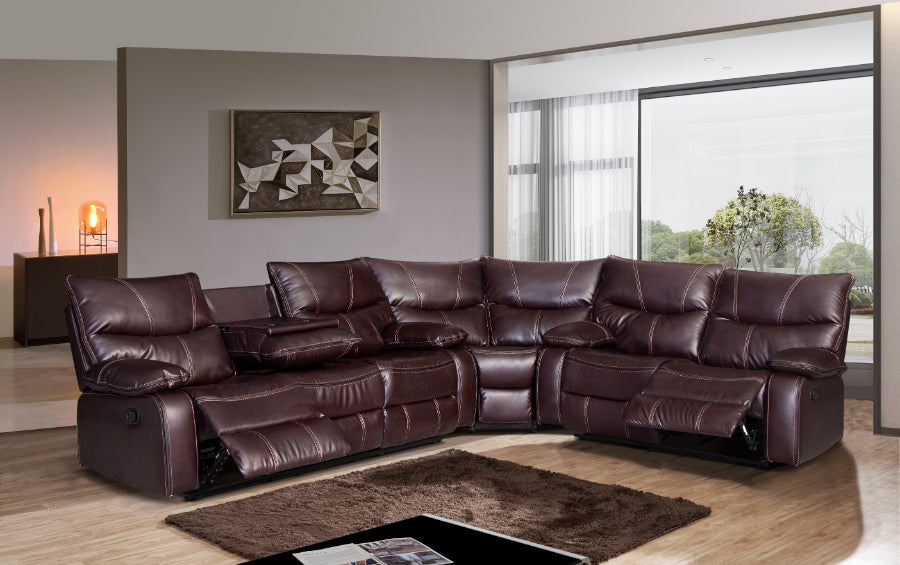 Mc Ferran Townsend Brown Premium Leather Air 3-Piece Reclining Sectional Sofa with Drop Down Table and Corner Wedge – SF1011-Sect