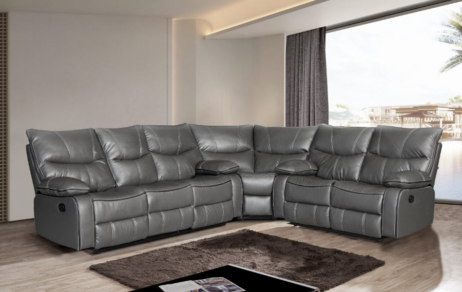 Mc Ferran Townsend Grey Premium Leather Air 3-Piece Reclining Sectional Sofa with Drop Down Table and Corner Wedge – SF1012-Sect