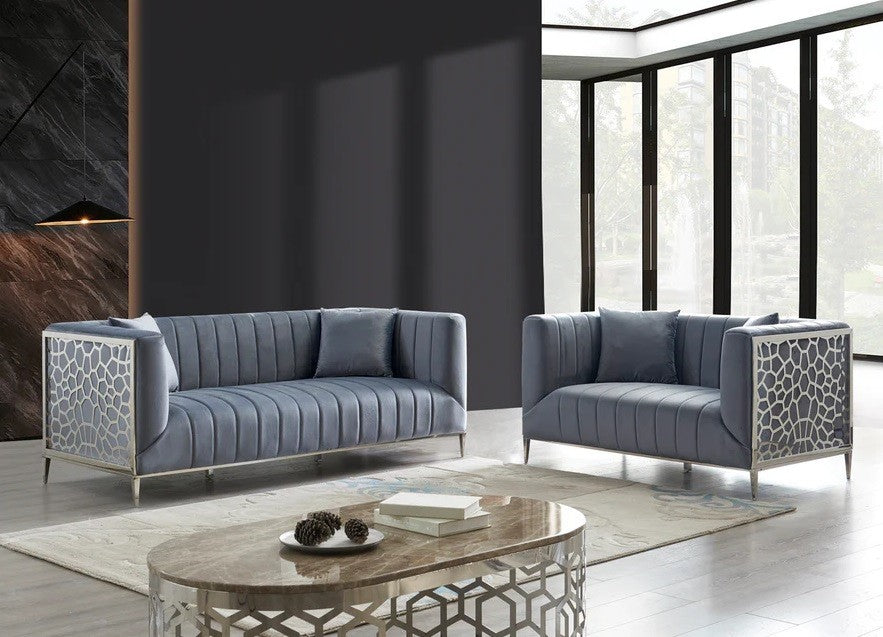 Mc-Ferran SF1019-2PC 2 pc grey channel tufted fabric and silver accented metal design ends modern sofa and love seat set