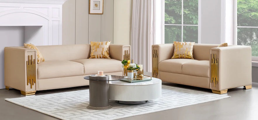 Mc Ferran Brittany Cream Leather-Like Fabric Square Arms Modern Mid-Century 2-Piece Sofa and Love Seat Set with Gold Trim Accents – SF2001