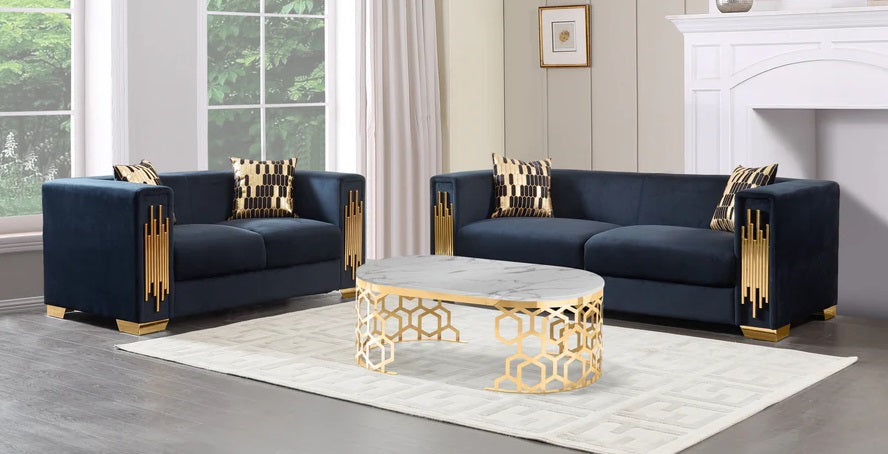 SF2003 2 pc Darby home brittany black velvet fabric square arms gold trim accents modern mid-century sofa and love seat set
