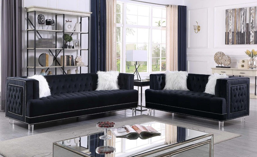 Mc-Ferran SF2008-2PC 2 pc townsend black velvet all over tufting sofa and love seat set