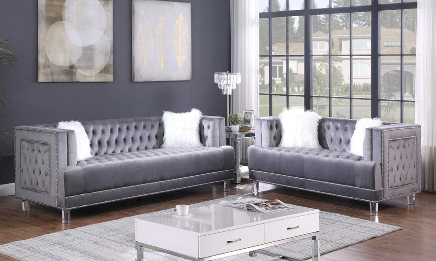 Mc-Ferran SF2009-2PC 2 pc townsend grey velvet all over tufting sofa and love seat set