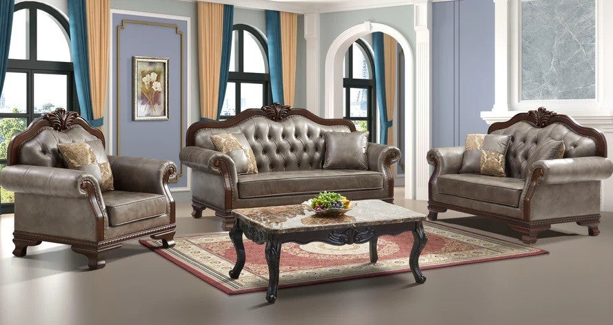 Mc Ferran SF2263 2 pc brown leather like fabric traditional sofa and love seat with wood trim accents