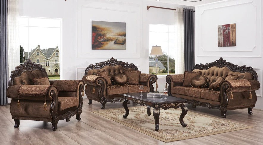 Mc Ferran SF2267 2 pc Rosdorf park bridgette multi tone and pattern fabric upholstered traditional sofa and love seat with wood trim accents