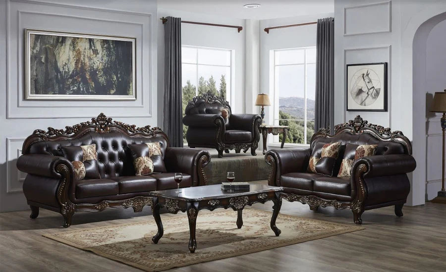 Mc Ferran Bridgette Multi-Tone Faux Leather Traditional 2-Piece Sofa and Love Seat Set with Wood Trim Accents – SF2268