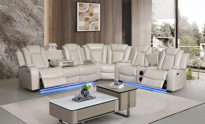 SF2827-3PC-SECT 3 pc Sheila beige premium leather air power reclining sofa and love seat set USB bluetooth speaker and LED lighting