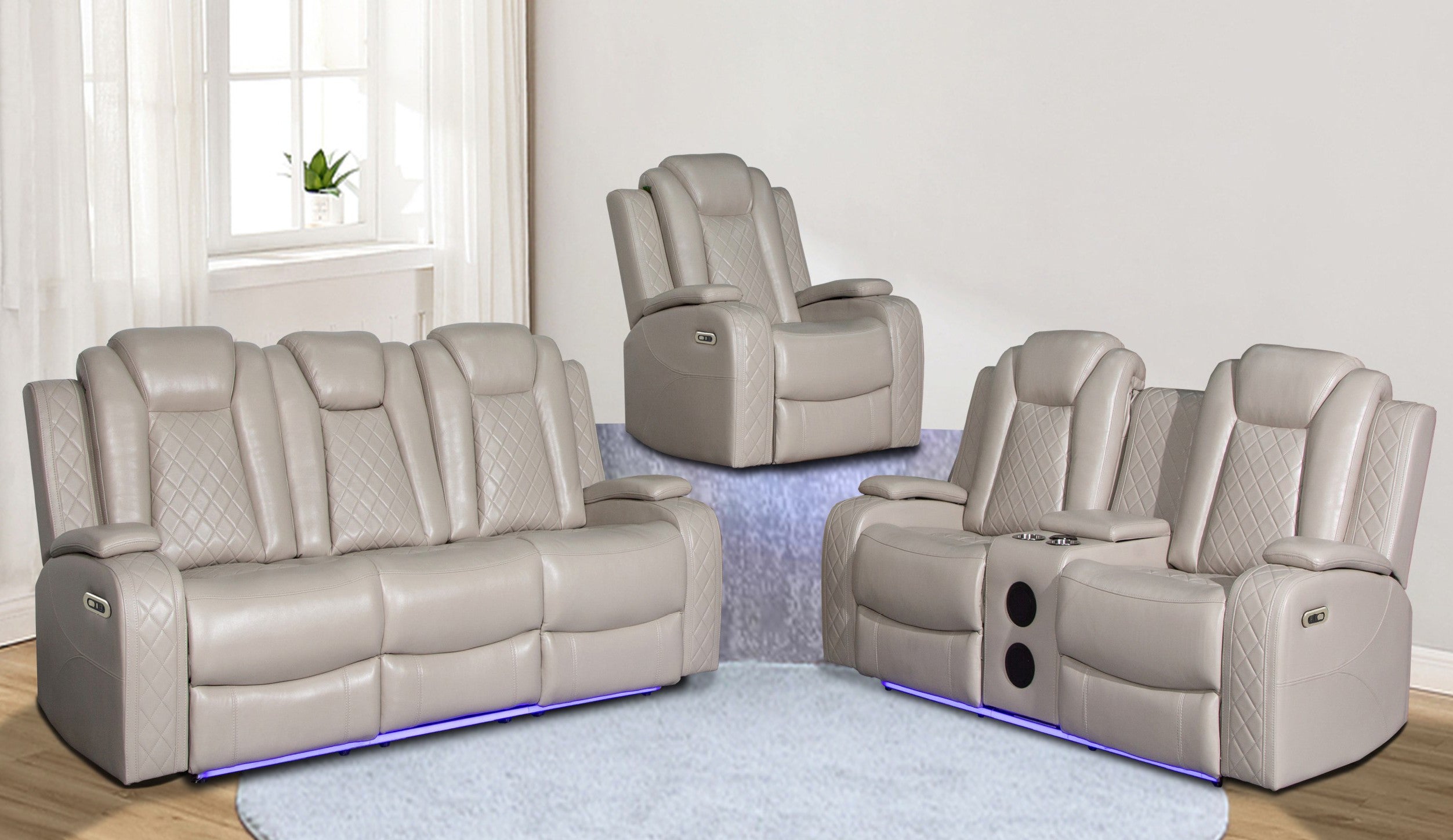 Mc Ferran Sheila Beige Premium Leather Air 2-Piece Power Reclining Sofa and Love Seat Set with USB, LED and Bluetooth Speakers – SF2827-2PC