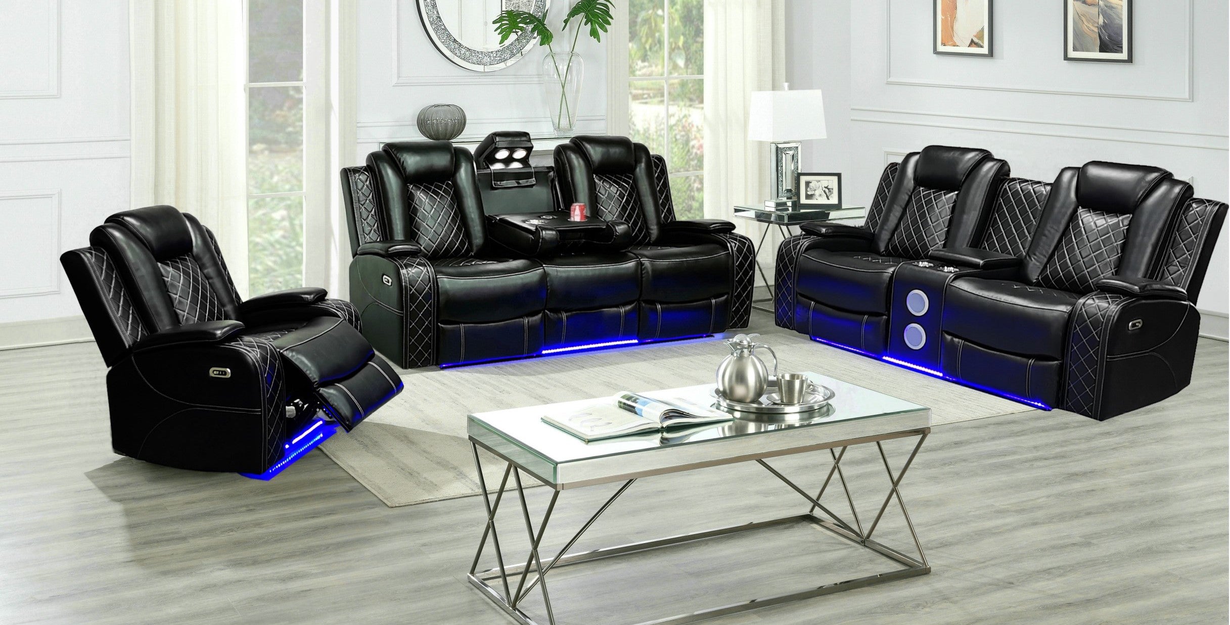 Mc-Ferran SF2828-2PC 2 pc Sheila black premium leather air power reclining sofa and love seat set USB and LED Bluetooth speakers