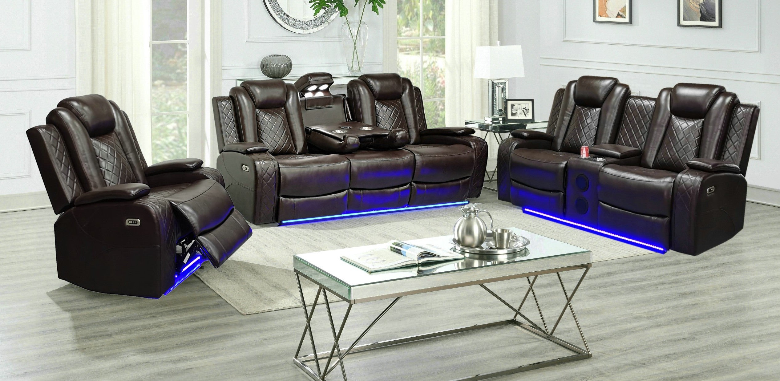 Mc-Ferran SF2829-2PC 2 pc Sheila brown premium leather air power reclining sofa and love seat set USB and LED