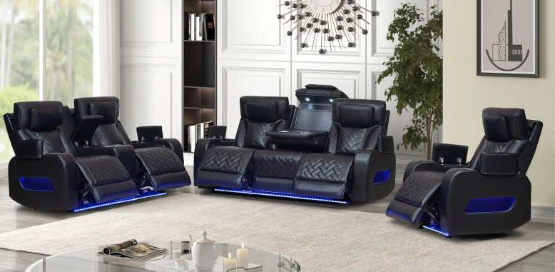 Mc Ferran Fortuner Black Leather Aire 2-Piece Power Reclining Sofa and Love Seat Set with Power Headrests and LED Lighting – SF5868-2PC