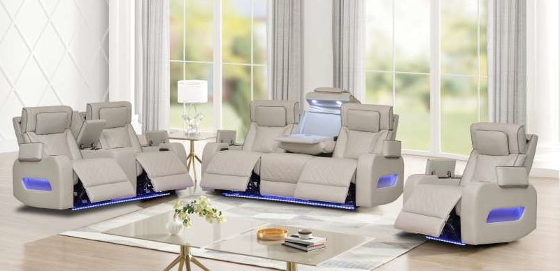 Mc Ferran Fortuner Beige Leather Aire 2-Piece Power Reclining Sofa and Love Seat Set with Power Headrests, LED Lighting and Wireless Charging – SF5869-2PC