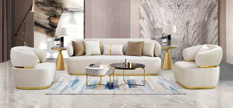 Mc Ferran Barcelone Light Cream Fabric 2-Piece Sofa and Love Seat Set with Gold Trim Accents – SF588