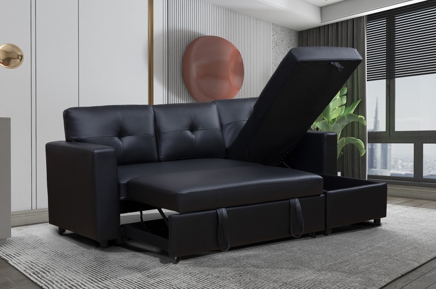 SF6001 2 pc Darby home black leatherette sectional sofa with storage chaise and pop up sleep area