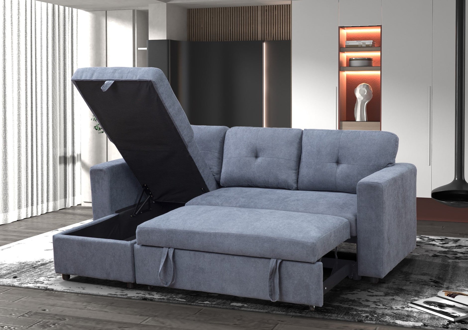 SF6004 2 pc Darby home dark grey fabric sectional sofa with storage chaise and pop up sleep area