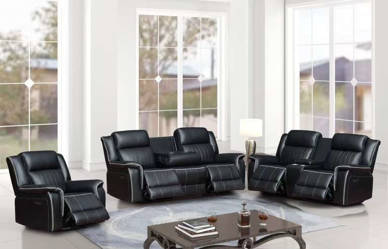 Mc-Ferran SF8023-2PC 2 pc Black leather aire power reclining sofa and love seat set accented piping trim