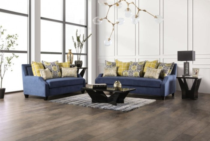 SM2274 2 pc Canora grey lovelle west brompton navy velvet like fabric sofa and love seat set yellow pillows