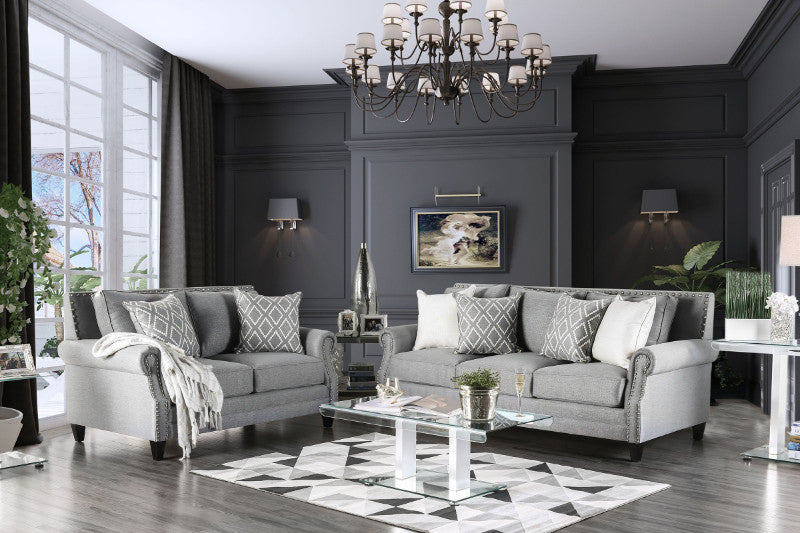 SM2673 2 pc Giovanni light gray linen like fabric sofa and love seat set nail head trim