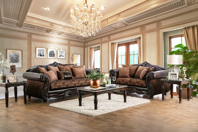 SM6404 2 pc elpis brown fabric traditional sofa and love seat set with dark cherry wood trim
