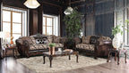 SM6416 2 pc Quirino light brown dark brown traditional sofa and love seat set with carved wood accents
