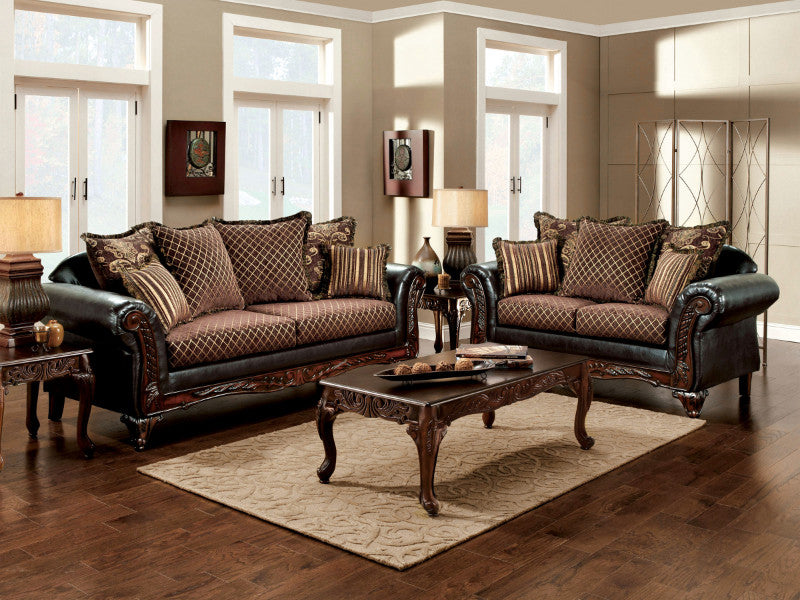 SM7635 2 pc san roque two tone gold brown fabric espresso leatherette traditional sofa and love seat set