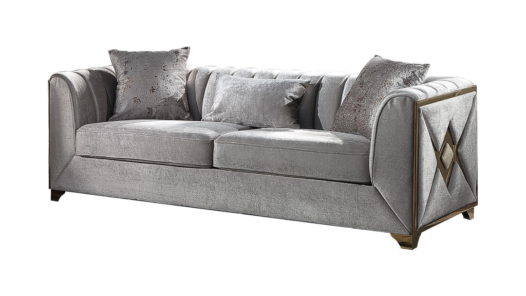 2 pc Velencia cream fabric upholstered double X design gold trim accents sofa and love seat set