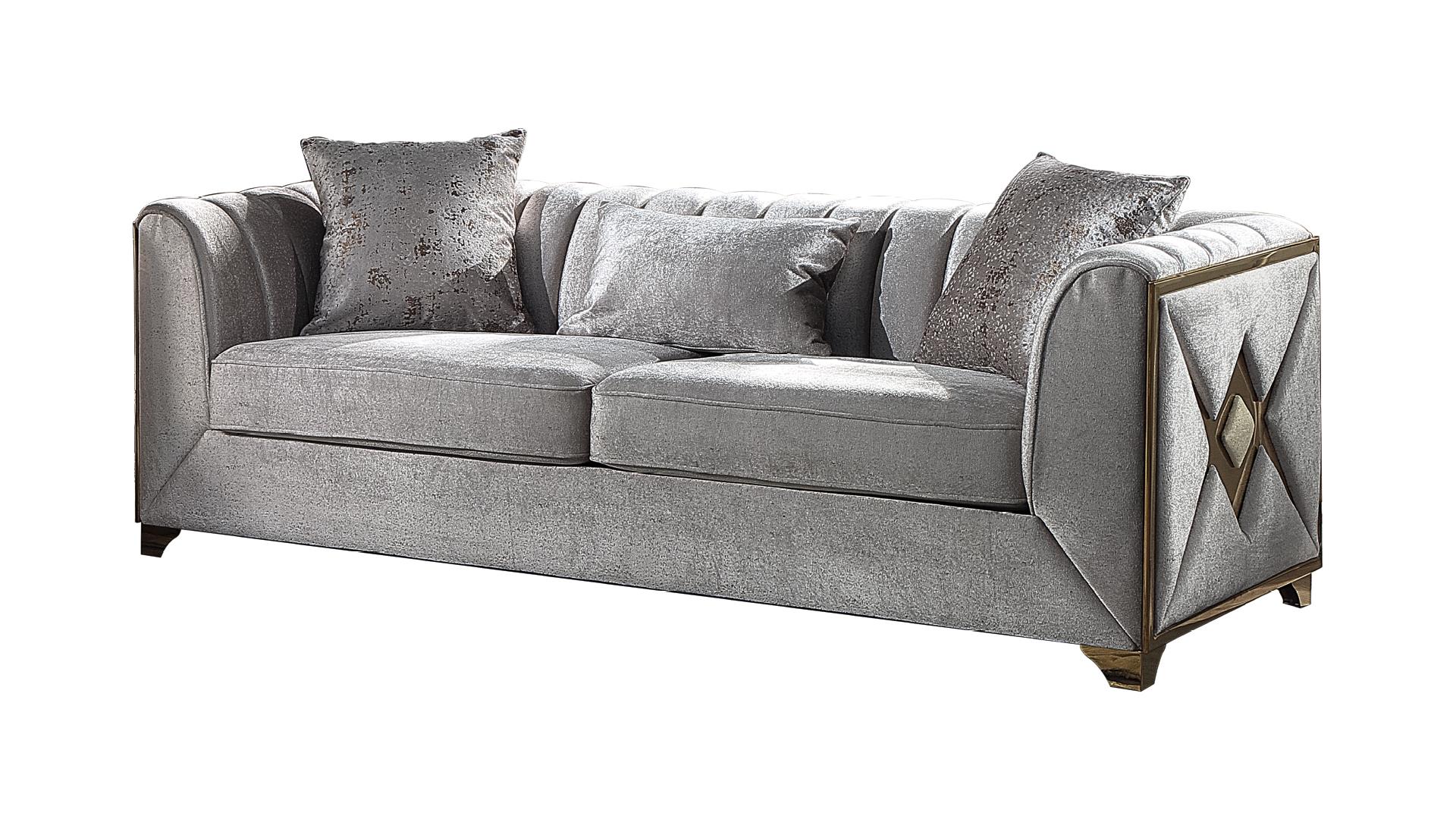 2 pc Velencia cream fabric upholstered double X design gold trim accents sofa and love seat set