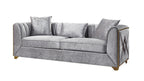 2 pc Velencia silver fabric upholstered double X design gold trim accents sofa and love seat set