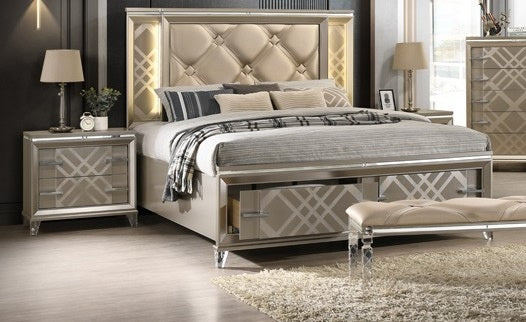 Santiago-EK-4PC 4 pc Santiago champagne gold finish wood faux leather upholstered headboard LED lighting eastern king bed set