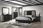00-B1434-4PC 4 pc Skyline onyx black finish wood padded headboard mid century modern queen bed set
