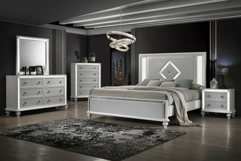 00-1583-4PC 4 pc Stardust white finish wood sparking fabric padded headboard with LED lighting queen bed set