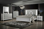 00-1583-4PC 4 pc Stardust white finish wood sparking fabric padded headboard with LED lighting queen bed set