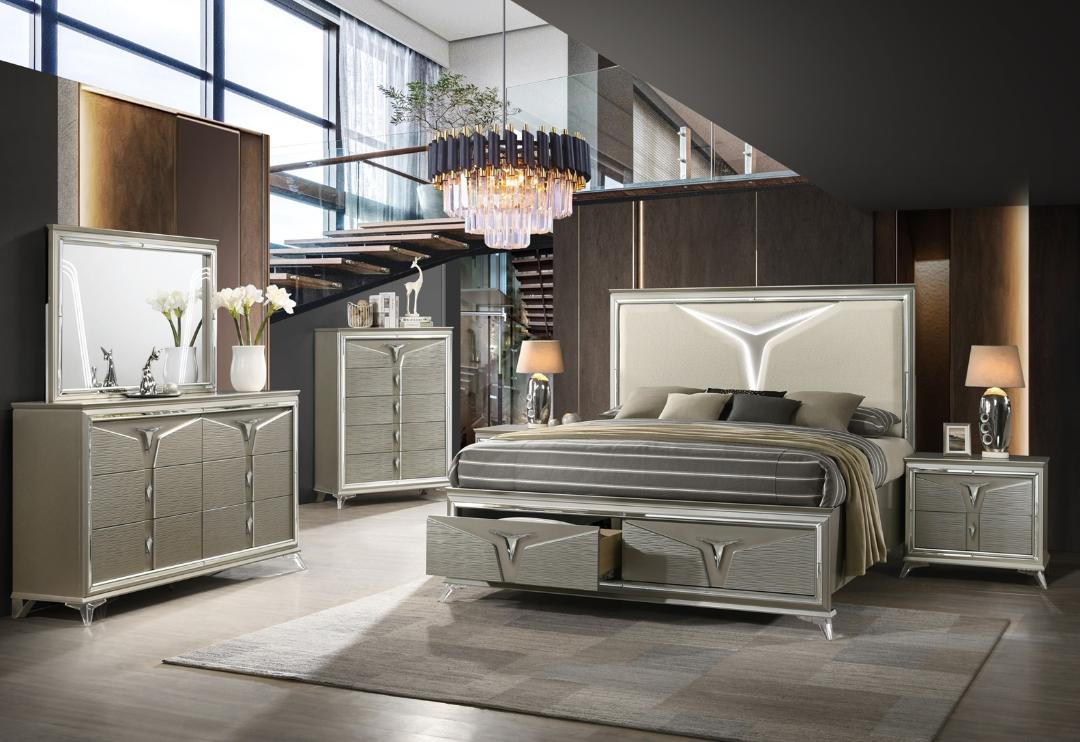 Casa Blanca Sunset Champagne Gold Wood Finish Fabric Headboard LED Lighting Queen Bedroom Set – Sunset-4PC